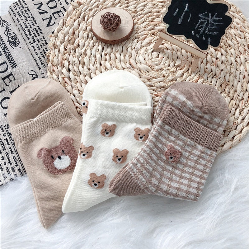 Soft Brown & White Fuzzy Face Teddy Bear Socks | Kawaii Babe