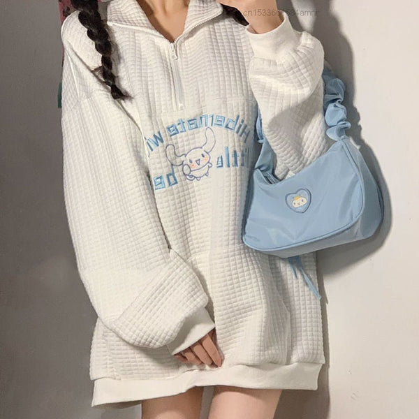 Textured cinna half-zip hoodie - cinna - cinnamoroll - hoodie - kawaii - plus size