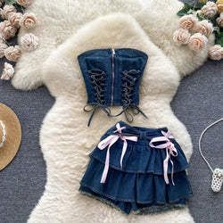 Tiny denim dancer outfit set - bows - corset - denim - jeans - kawaii