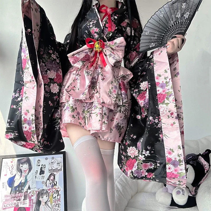 Japanese Floral Kimono Dress Set Pink Black Kawaii Costume Outfit Pink / L