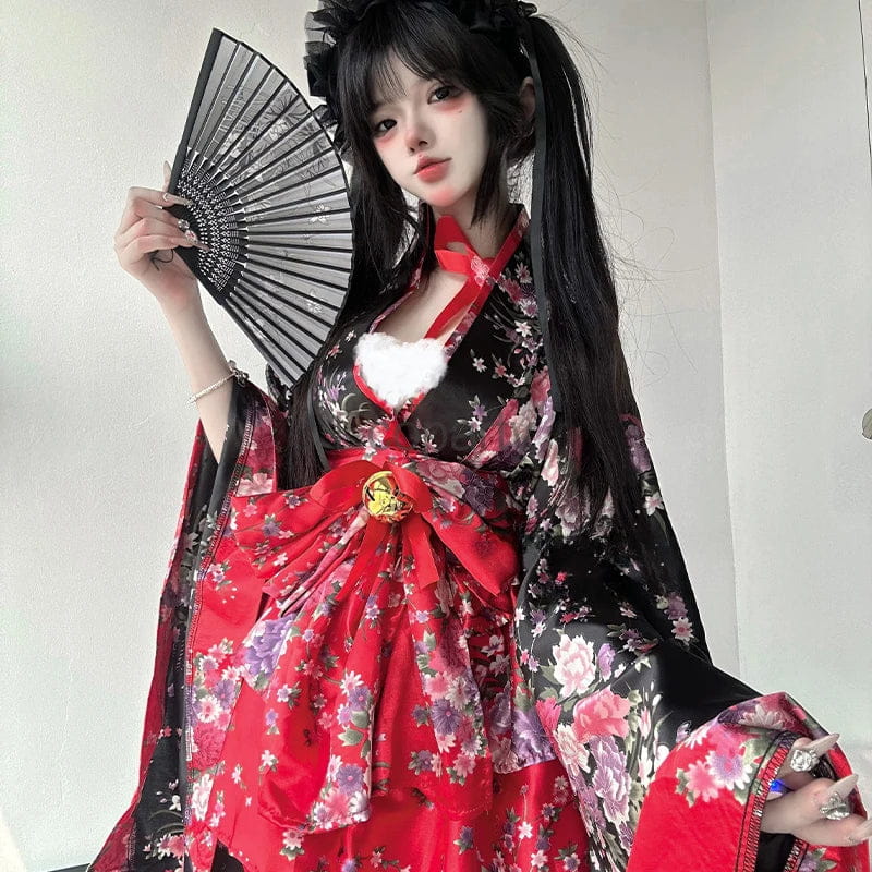 Japanese Floral Kimono Dress Set Pink Black Kawaii Costume Outfit Pink / L