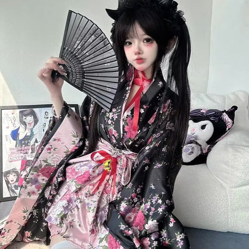 Japanese Floral Kimono Dress Set Pink Black Kawaii Costume Outfit Pink / L