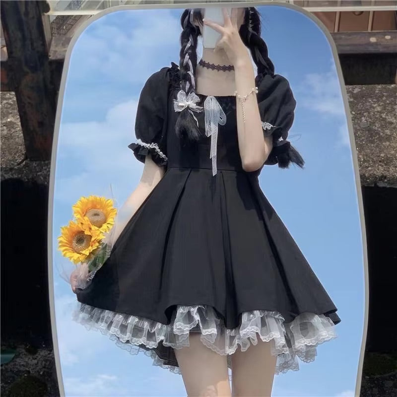 Black Wednesday Addams Dress with Bows and Ribbons | Kawaii Babe M Black Wednesday Addams Dress with Bows and Ribbons | Kawaii Babe M