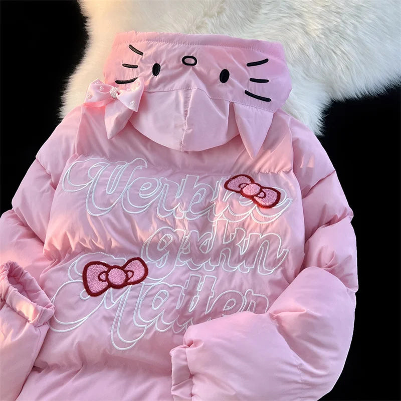 White Kitty Bomber Jacket Puffer Winter Coat Pink / XL-60-70kg White Kitty Bomber Jacket Puffer Winter Coat Pink / XL-60-70kg