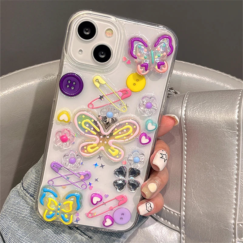 Y2K Butterfly iPhone Case Kawaii Cover Pins Buttons Y2K Butterfly iPhone Case Kawaii Cover Pins Buttons