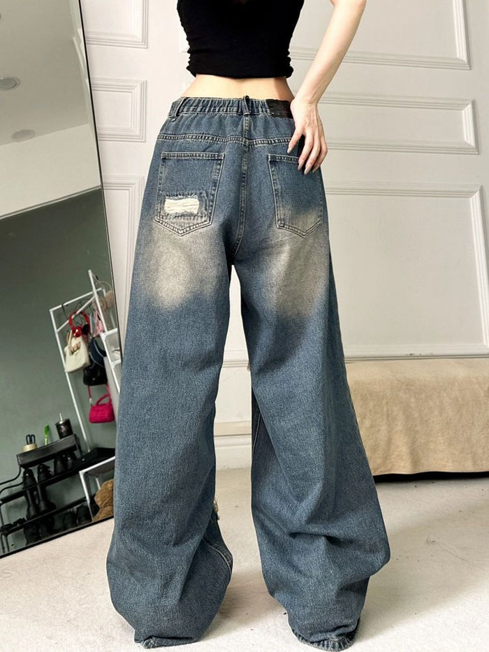 パンツ Japanese Destroyed baggy wide Leg jeans Women's Japanese Retro Casual Bottom Jeans Vintage Baggy