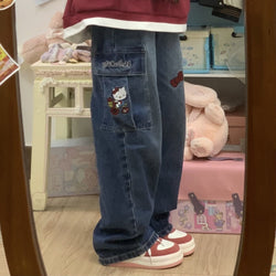 Y2k kitten baggy denim jeans - denim - hello kitty - jeans - kawaii - babe