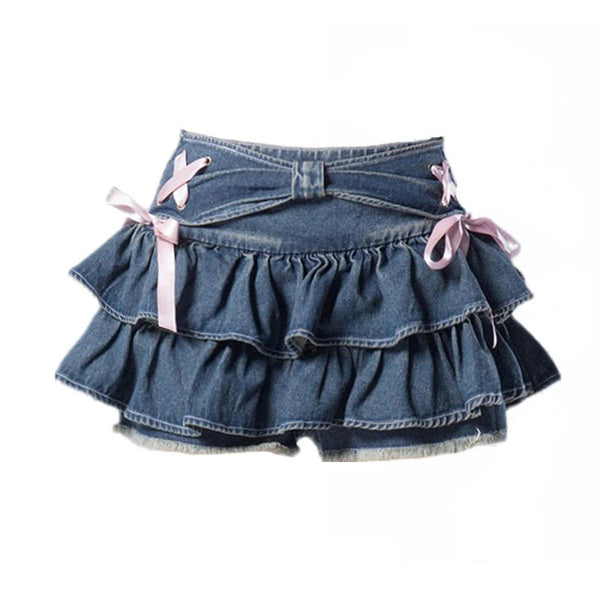 Y2k ruffled denim mini skirt - blue - bows - coquette - denim - kawaii