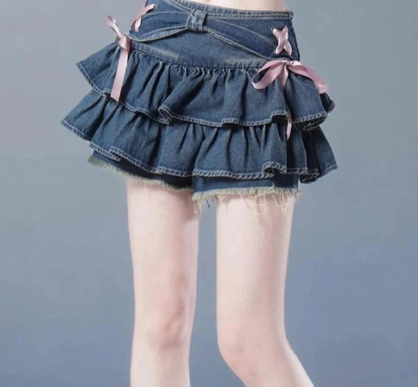 Y2k ruffled denim mini skirt - blue - bows - coquette - denim - kawaii