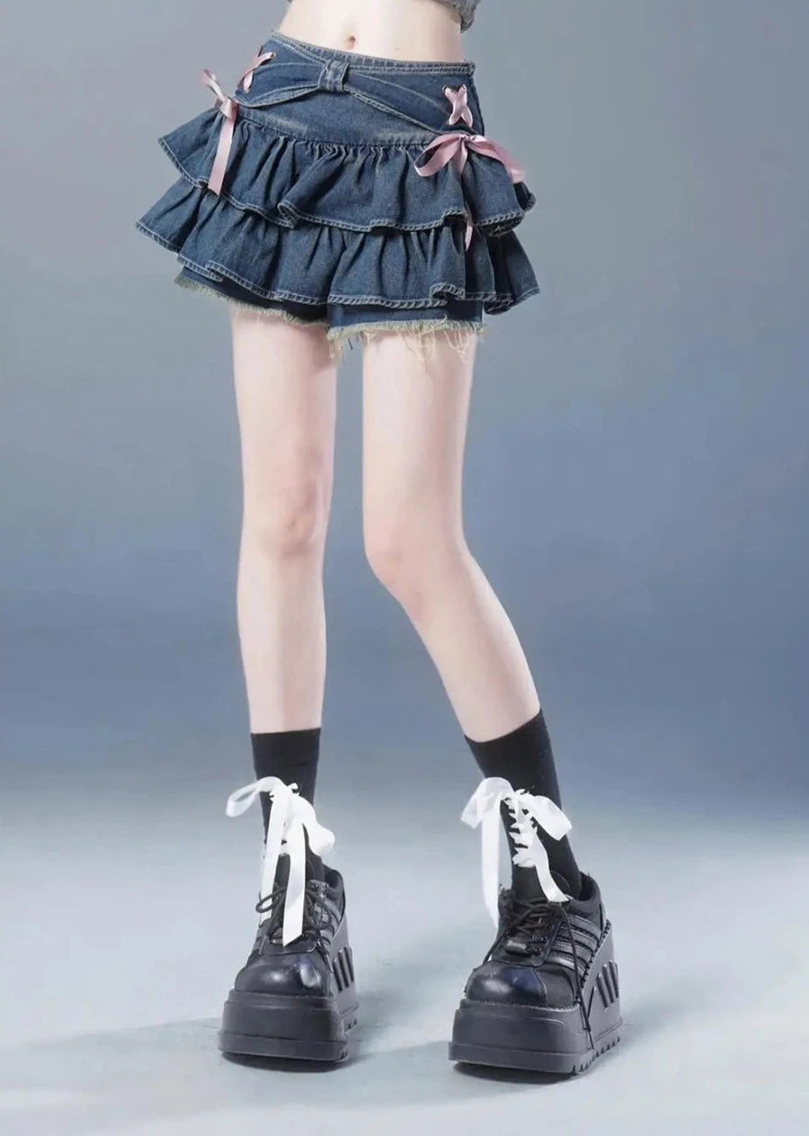 Y2K Ruffled Blue Denim Mini Skirt Pink Bows | Kawaii Babe