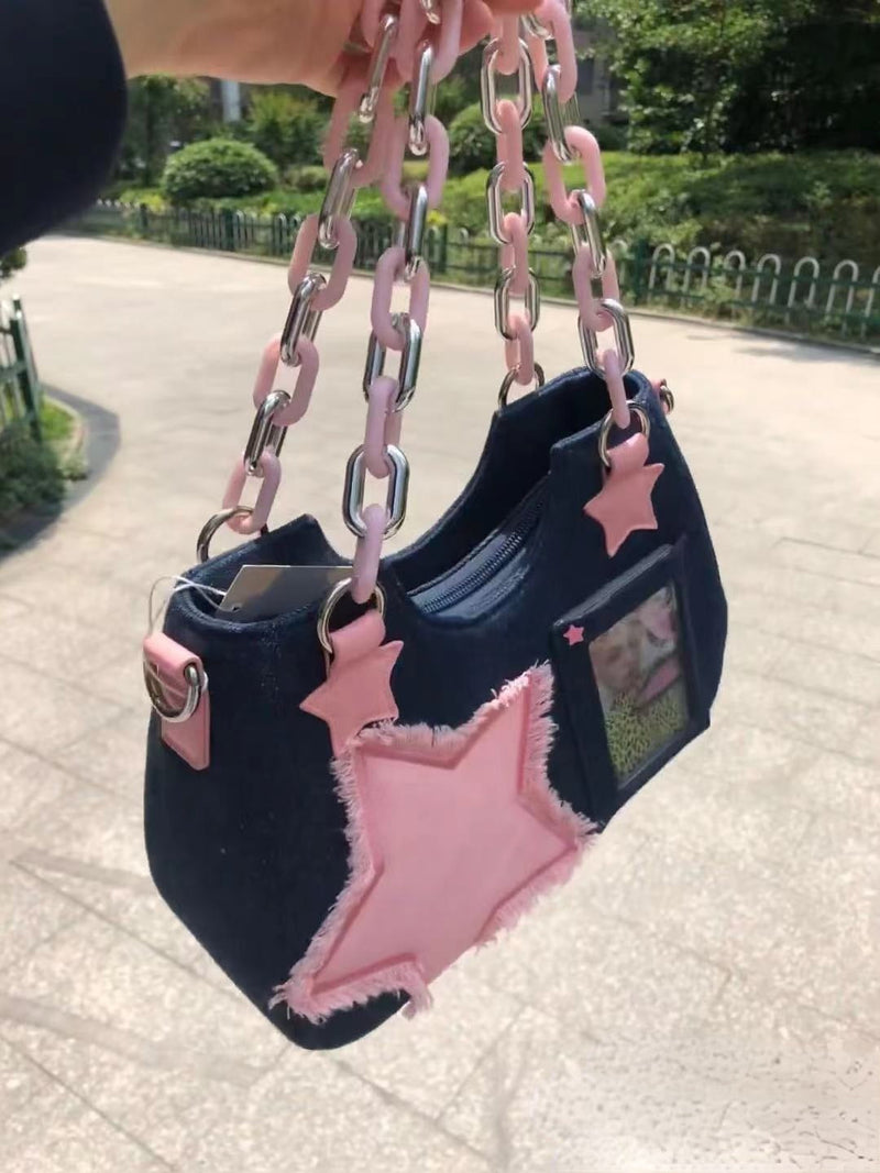 Kawaii y2k starry denim chain shoulder strap handbag purse