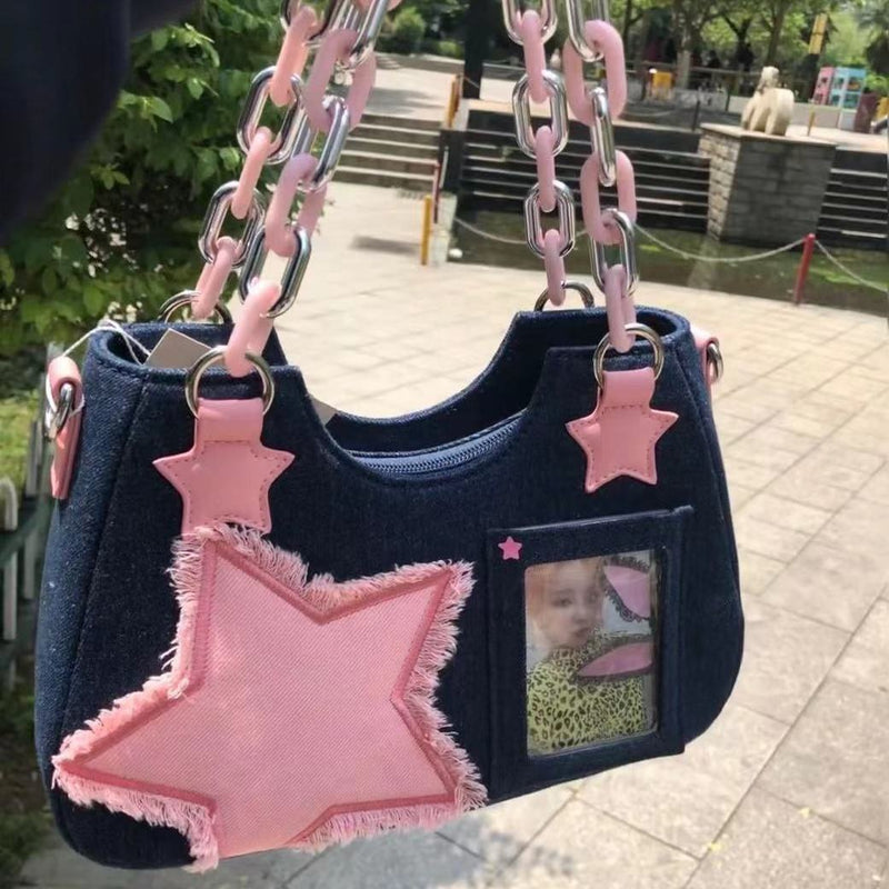 Kawaii y2k starry denim chain shoulder strap handbag purse