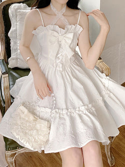Youthful Innocence Bow with Lace & Ruffles White Dress
