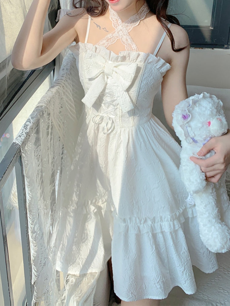frilly white dress Youthful Innocence Bow with Lace & Ruffles White Dress