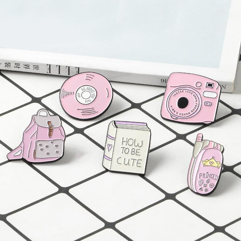 Pink 90s Babe Enamel Pin Lapel Brooch Flip Phone Set | Kawaii Babe