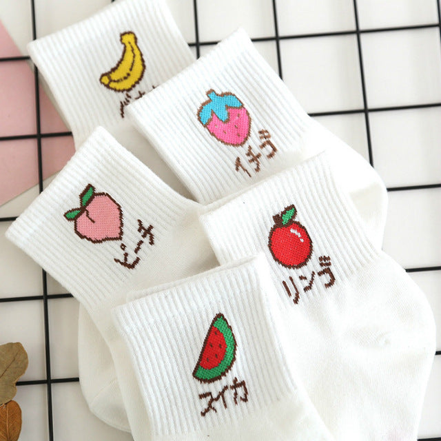 japan harajuku fashion white fruit ankle socks sweat socks strawberry banana peach apple watermelon  by kawaii babe