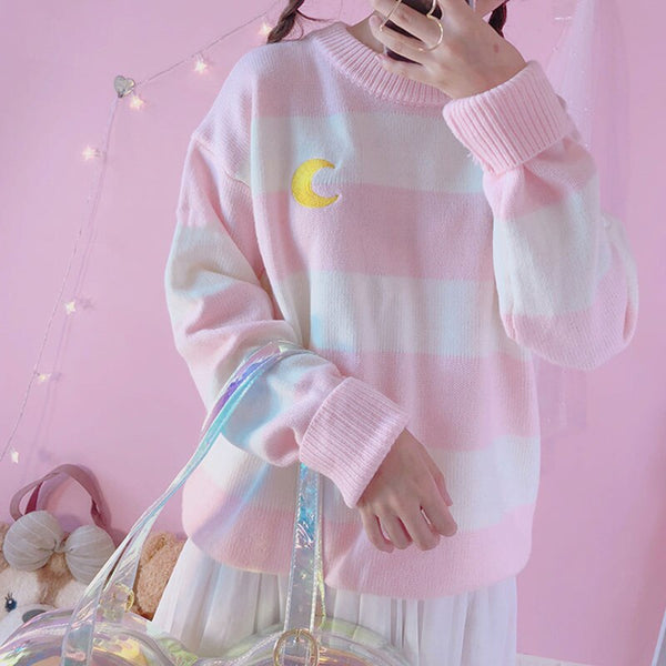 Knit Striped Moon Sweatshirt Kawaii Sweater | Kawaii Babe