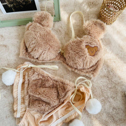 Furry Fuzzy Brown Teddy Bear Lingerie Set Bra Panties