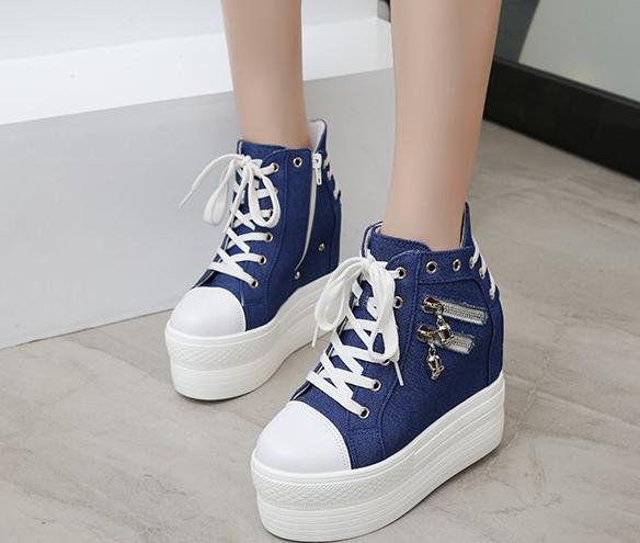 denim jean punk rock skull zipper shoes platform sneakers lace up athletic goth edgy fashion by kawaii babe