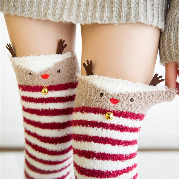 reindeer santa clause holiday thigh high socks stockings knee socks tights furry fuzzy warm animal print striped winter wear