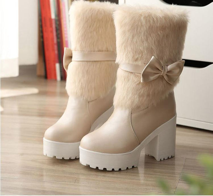 Furry Pink Bow Winter Boots Vegan Fur Lined Quality Kawaii Babe