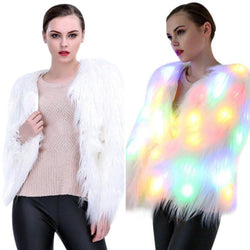 LED Light Up Christmas Sweater Faux Vegan Fur Cardigan Festive Xmas Holiday