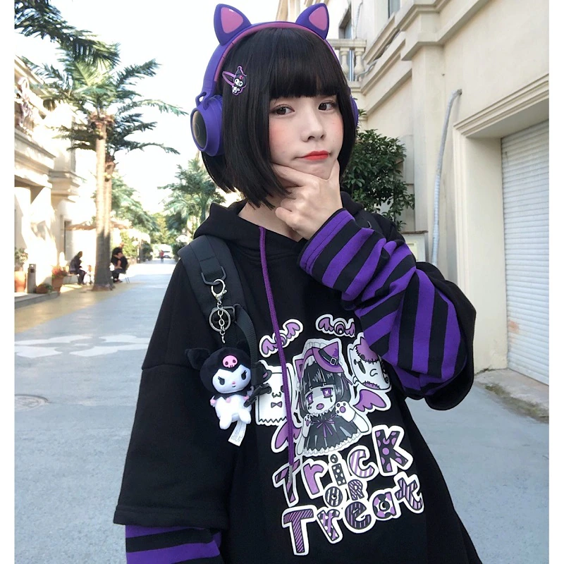 Trick or Treat Halloween Hoodie Babe Black Sweatshirt Kawaii Purple 