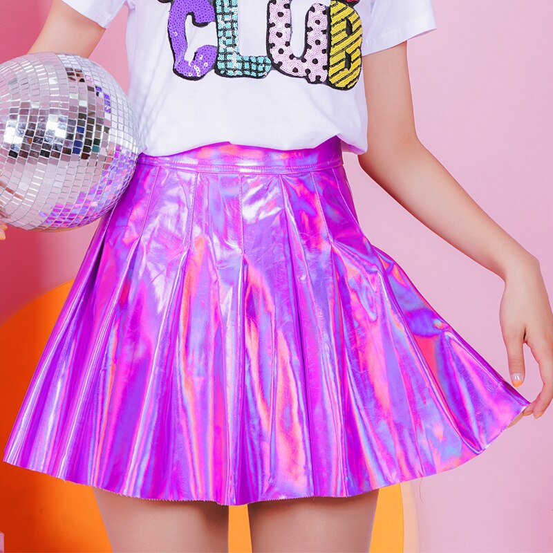 Holographic Silver Purple Pleated Skirt Hipster Kawaii Babe