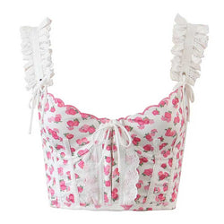 Vintage Floral Corset Bustier Crop Top French Style Lace Up