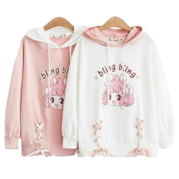 Pastel Pink Bling Bling Bunny Anime Girl Hoodie Sweater Hooded Sweatshirt Kawaii Fashion Fairy Kei
