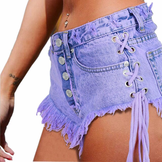 Purple Corset Lace Jean High Waisted Button Shorts