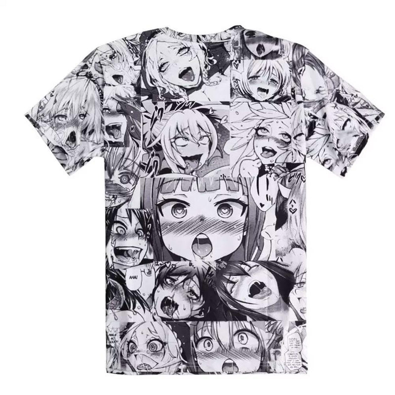 Ahegao Manga Anime T-shirt Top Black White Comic Plus Size 