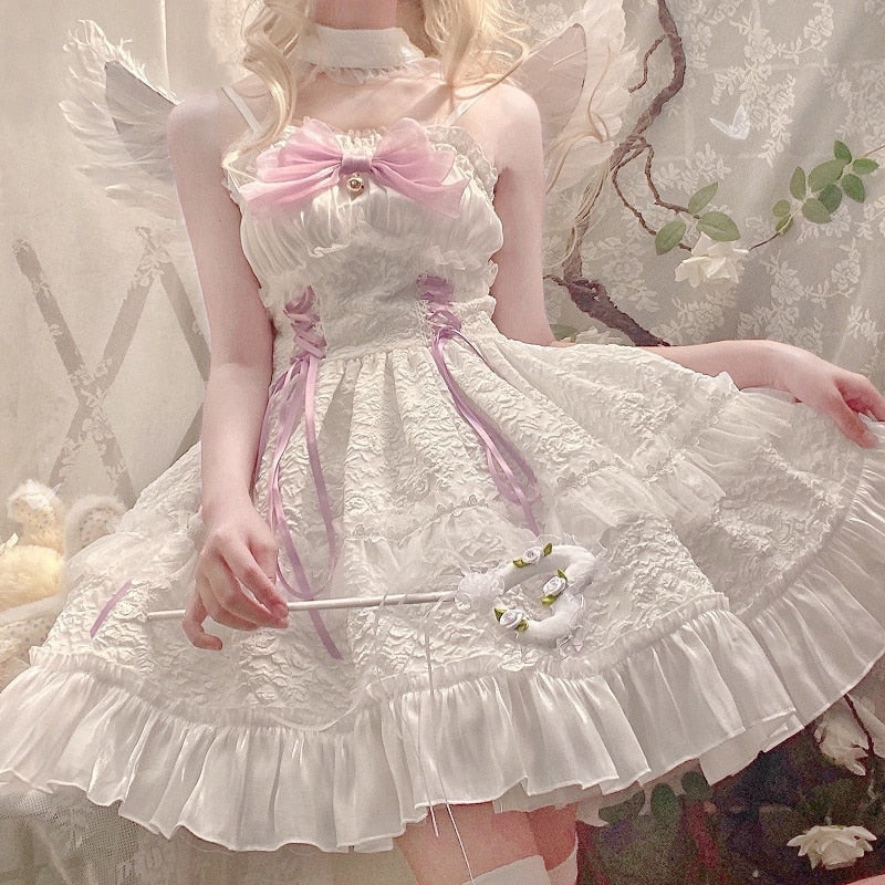 Angel Assembly Lolita Dress Lace Angelcore JSK White Princess Black Pink / L Angel Assembly Lolita Dress Lace Angelcore JSK White Princess Black Pink / L