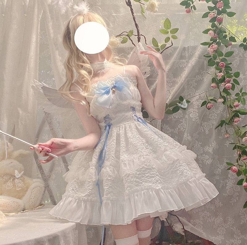 Angel Assembly Lolita Dress Lace Angelcore JSK White Princess Black Pink / L