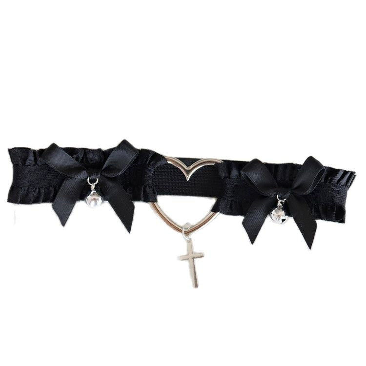 Angelic Rosebud Garter Belts - Black Cross - angel wings, flowers, garter, garter belt,