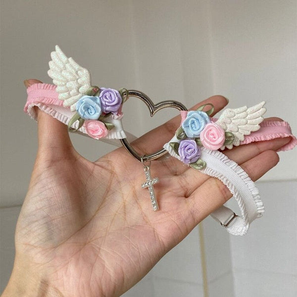 Angelic Rosebud Garter Belts - Pink & White Angel - angel wings, flowers, garter, garter