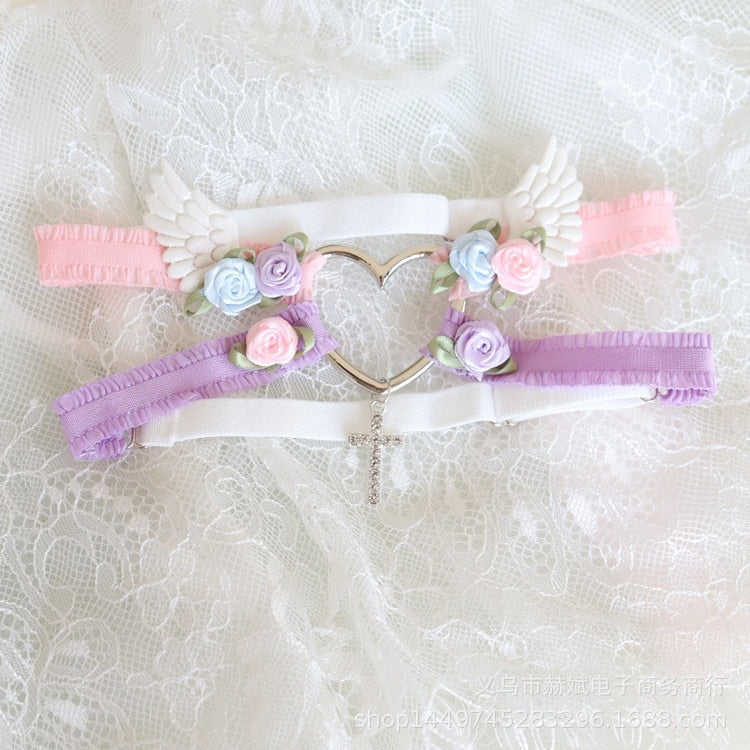 Angelic Rosebud Garter Belts - Purple & Pink Angel - angel wings, flowers, garter, garter