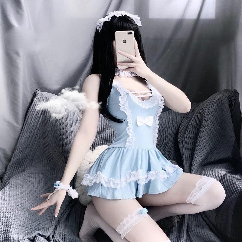 Baby Blue Maid Dress - Outfit With Stockings - babydoll, blue, blue maid, cosplay, cosplayer