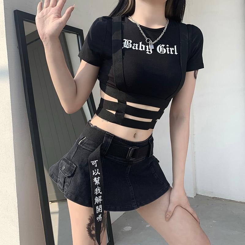 Baby Girl Suspender Harness Crop Top T-Shirt Black