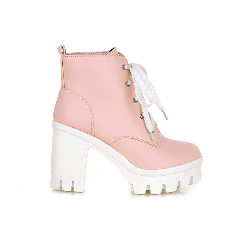 Pink Babydoll Square Heel Ankle Boots Block Heeled Booties Vegan Leather Little Space CGL Fetish 
