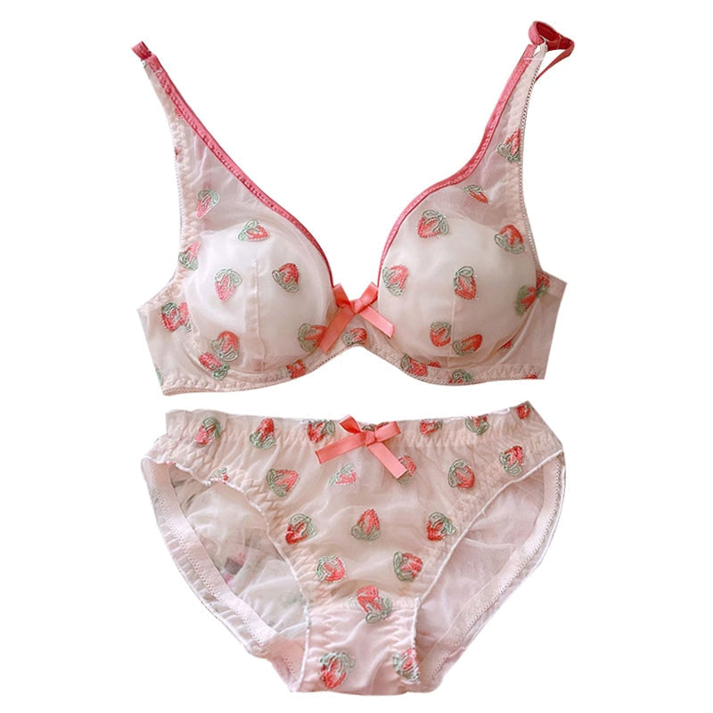 Strawberry Print Bra & Panties, Ruffle Bow Tie Bra & Mesh Bikini Panties  Lingerie Set, Women's Lingerie & Underwear