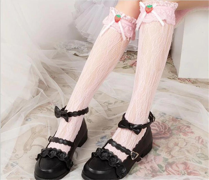 Berry Babydoll Stockings - Pink - babydoll, cute socks, egl, knee high highs