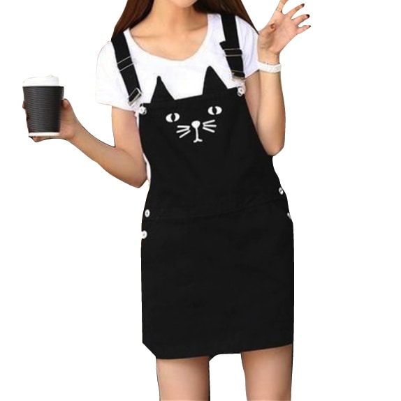 Black Neko Cat Suspender Dress Denim Jean Romper Jumper Overalls Coveralls Kawaii Harajuku Fashion Plus Size 