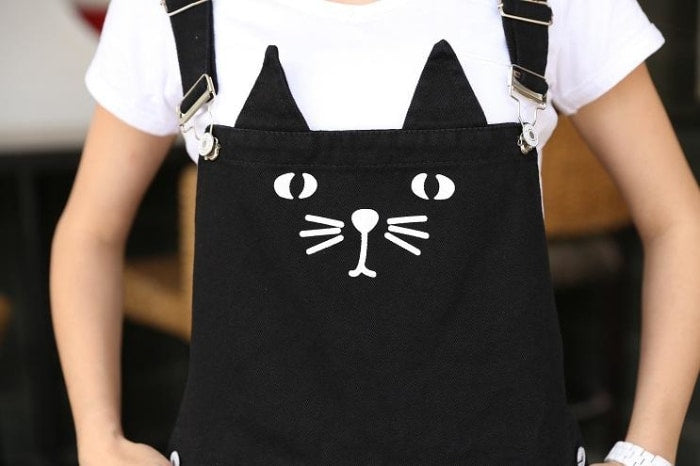 Black Neko Cat Suspender Dress Denim Jean Romper Jumper Overalls Coveralls Kawaii Harajuku Fashion Plus Size 
