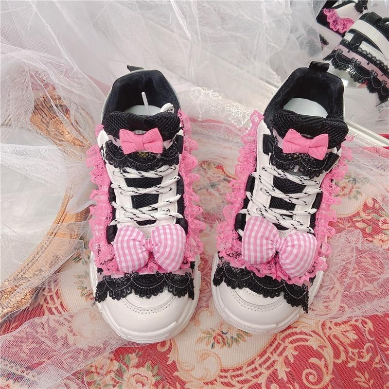 Black & Pink Lolita Sneakers - athletic shoes, doctor, lace up sneakers, platform runners