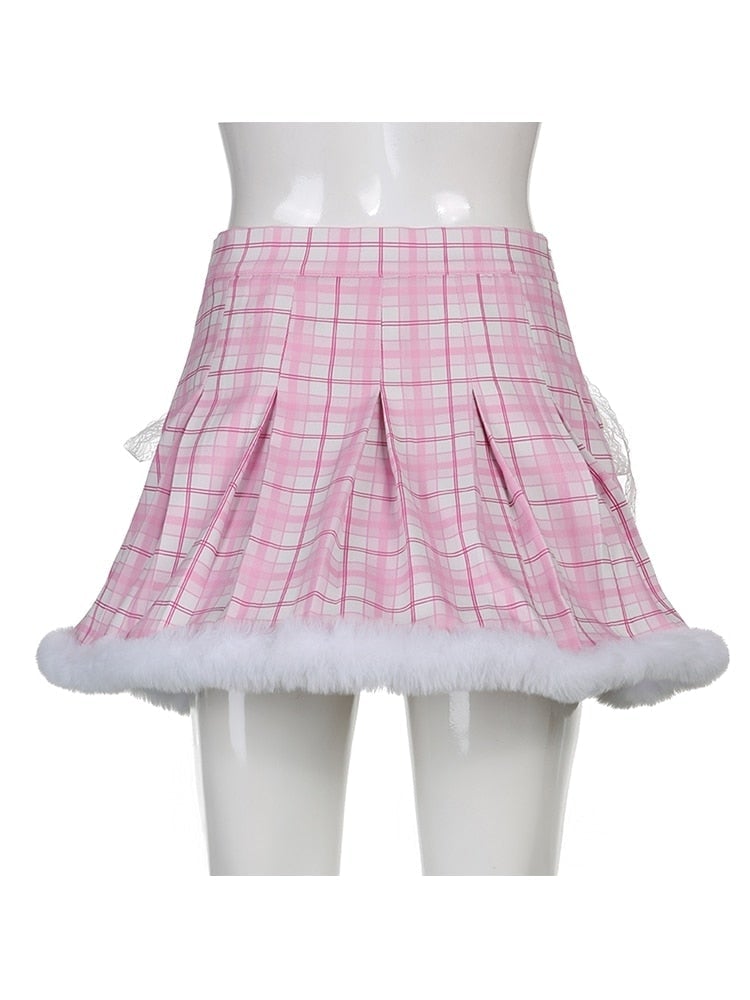 Blue Plaid Fur Princess Skirt - blue plaid, faux fur, fur trim, trimmed, furry