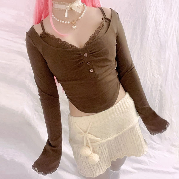 Brown Button Up Coquette Crop Top - angelcore, coquette, crop tops, dollette, fairycore Kawaii Babe