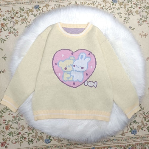 Bunny Friends Knit Crewneck - bunny, bunny ears, bunny rabbit, bunny rabbits, crew neck sweater Kawaii Babe