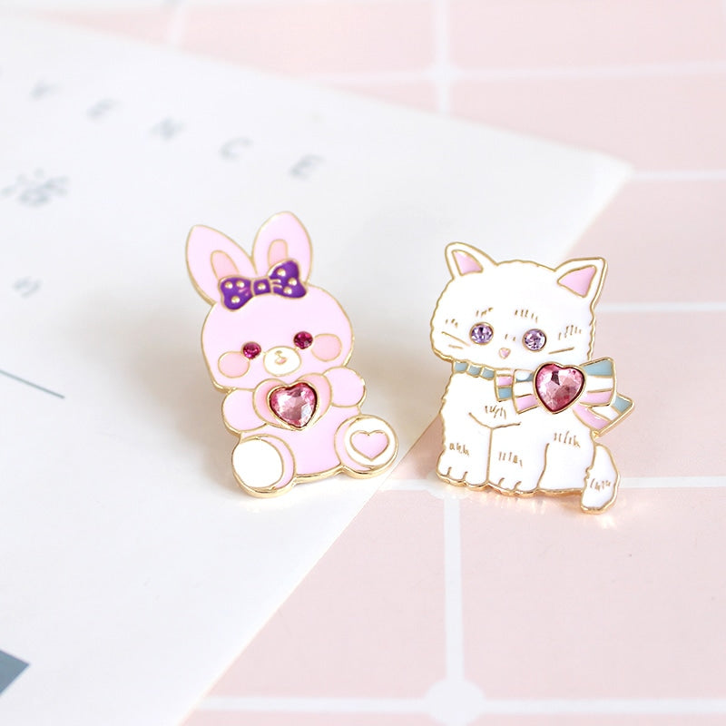 cat bunny kawaii jewelled enamel pins diamond gemstone pastel fairy kei brooch lapel pin lolita harajuku japan fashion kawaii babe