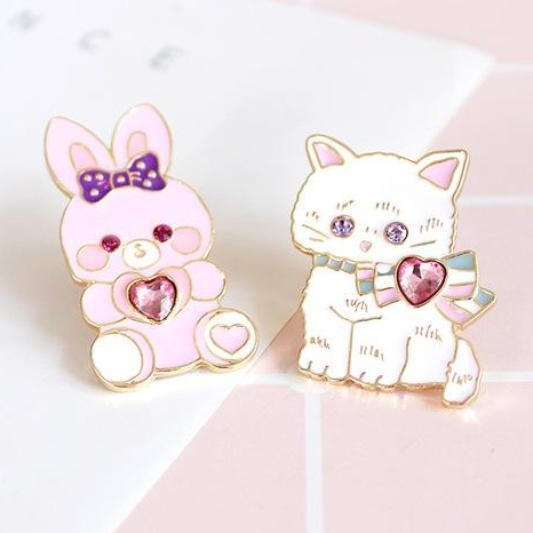 cat bunny kawaii jewelled enamel pins diamond gemstone pastel fairy kei brooch lapel pin lolita harajuku japan fashion kawaii babe